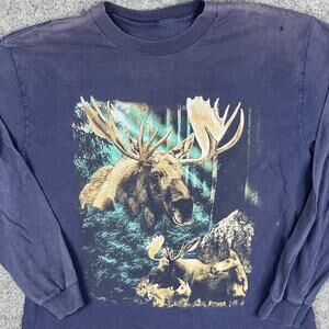 Wildlife Long Sleeve Shirt Mens Est Size XL Navy Moose Forest Graphic Outdoors